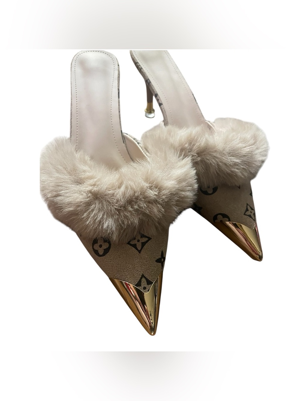 Beige Faux-Fur Pointed Toe designer inspired Stiletto Mules